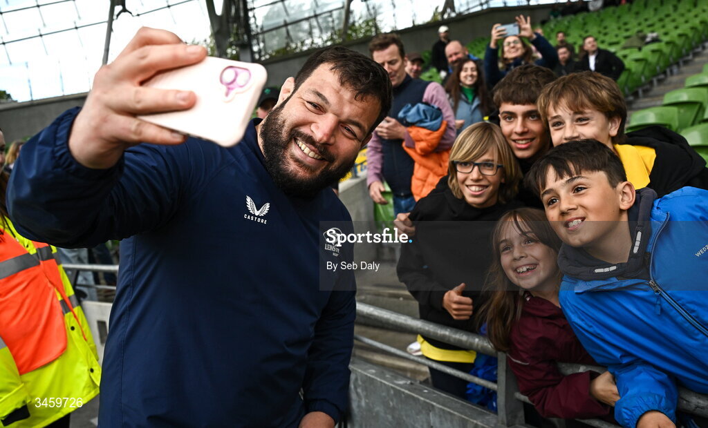 16 May 2026; Rabah Slimani of Leinster with supporters after the United Rugby Championship match between Leinster and Ospreys at the Aviva Stadium in Dublin. Photo by Seb Daly/Sportsfile