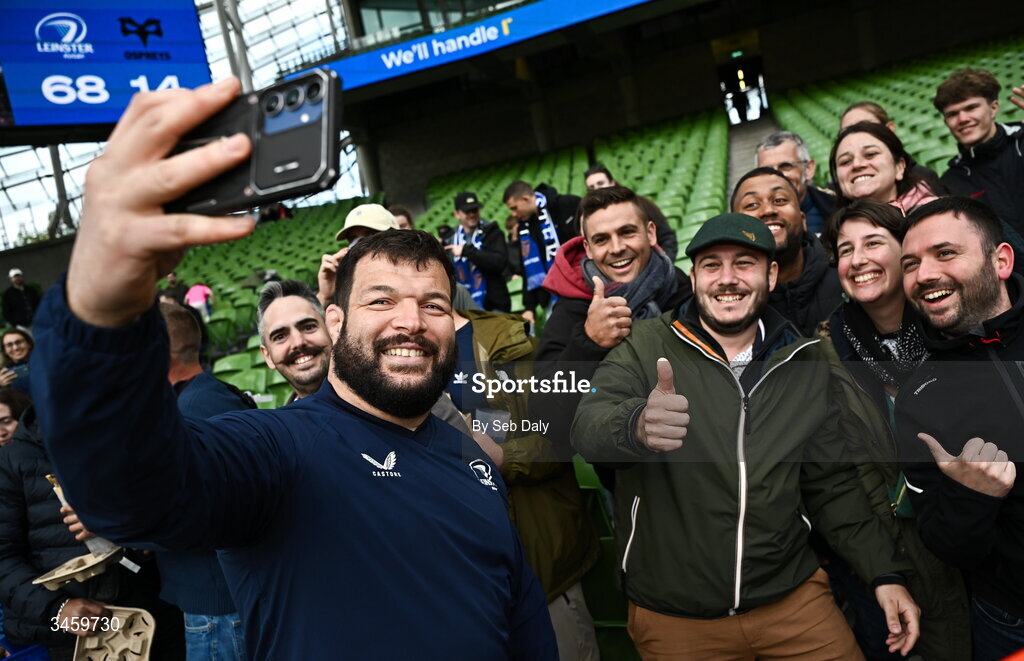 16 May 2026; Rabah Slimani of Leinster with supporters after the United Rugby Championship match between Leinster and Ospreys at the Aviva Stadium in Dublin. Photo by Seb Daly/Sportsfile