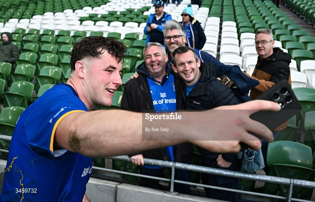 16 May 2026; Gus McCarthy of Leinster with supporters after the United Rugby Championship match between Leinster and Ospreys at the Aviva Stadium in Dublin. Photo by Seb Daly/Sportsfile
