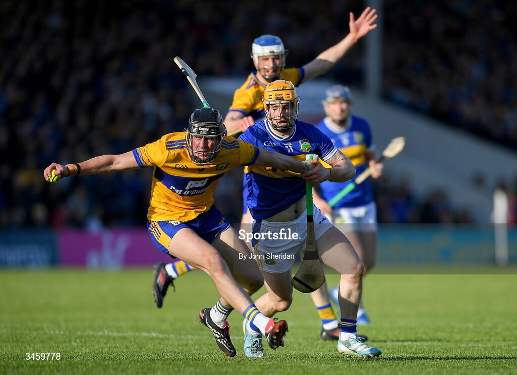 16 May 2026; Niall O'Farrell of Clare in action against Andrew Ormond of Tipperary during the Munster GAA Senior Hurling Championship Round 4 match between Tipperary and Clare at FBD Semple Stadium in Thurles, Tipperary. Photo by John Sheridan/Sportsfile