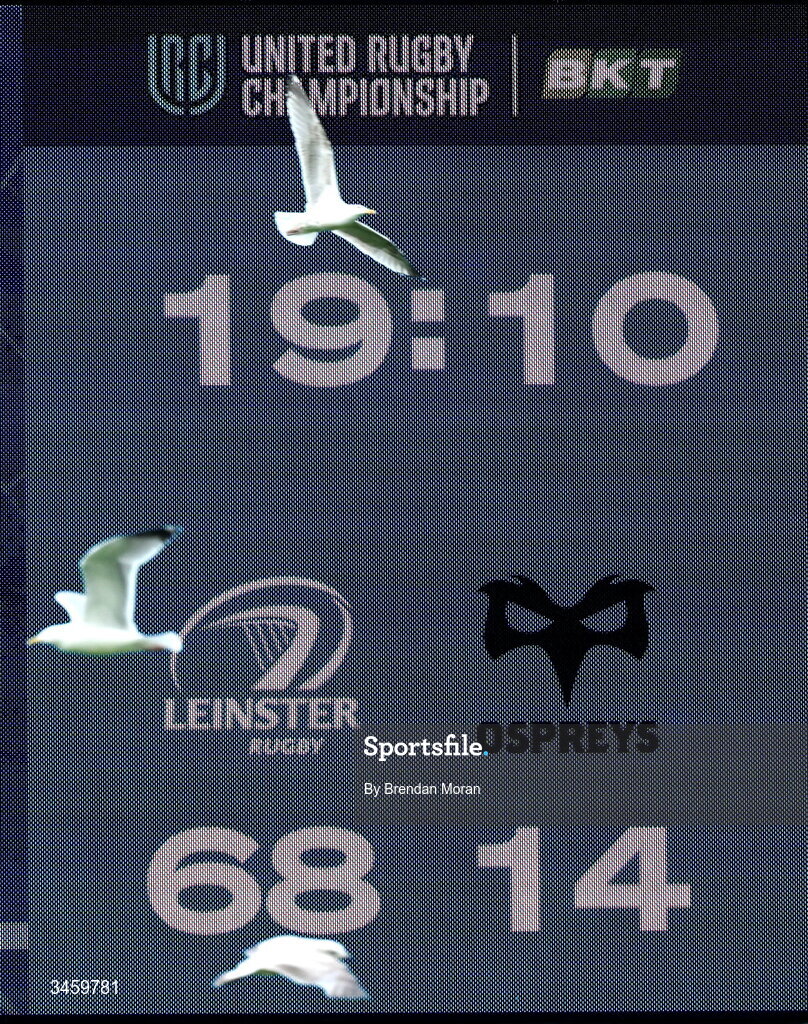 16 May 2026; The scoreboard shows the final score as seagulls fly around the empty stadium after the United Rugby Championship match between Leinster and Ospreys at the Aviva Stadium in Dublin. Photo by Brendan Moran/Sportsfile