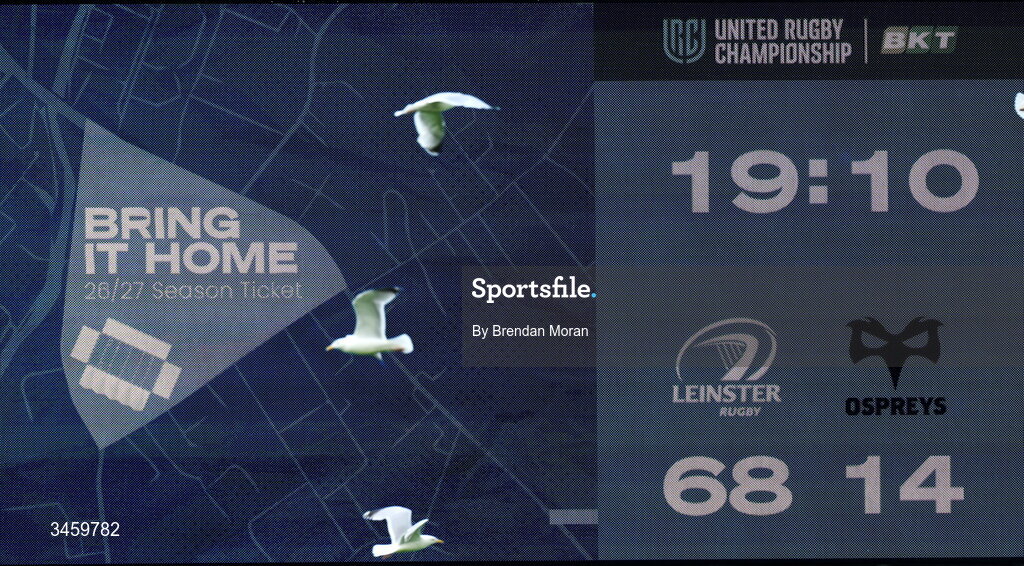 16 May 2026; The scoreboard shows the final score as seagulls fly around the empty stadium after the United Rugby Championship match between Leinster and Ospreys at the Aviva Stadium in Dublin. Photo by Brendan Moran/Sportsfile