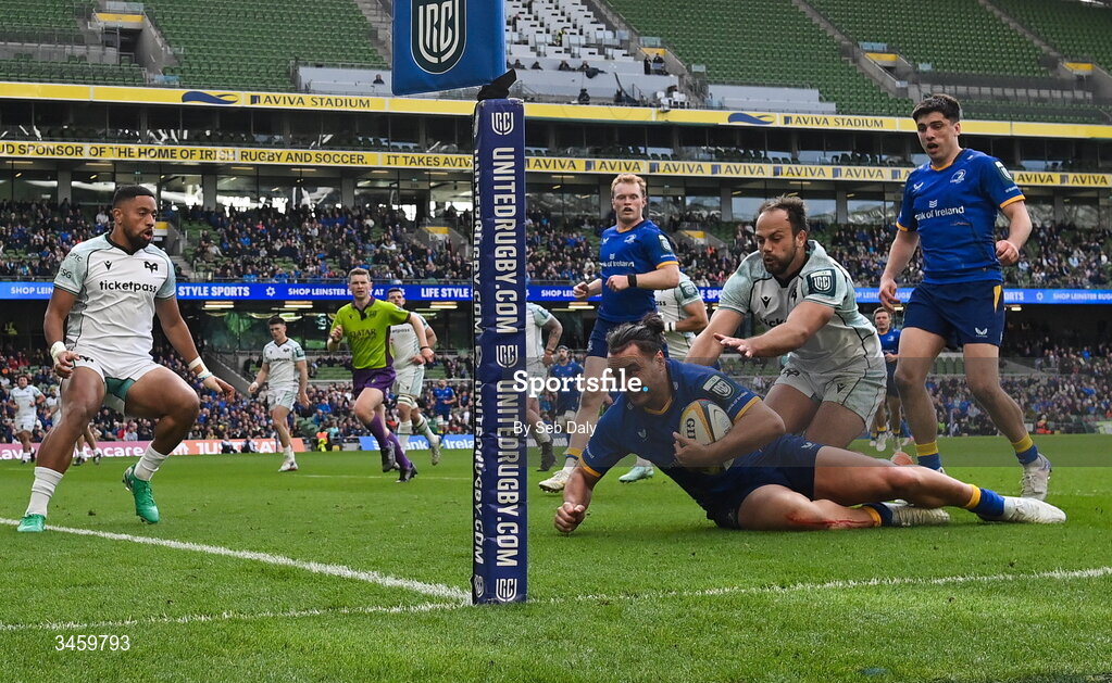 16 May 2026; James Lowe of Leinster scores his side's 10th try during the United Rugby Championship match between Leinster and Ospreys at the Aviva Stadium in Dublin. Photo by Seb Daly/Sportsfile