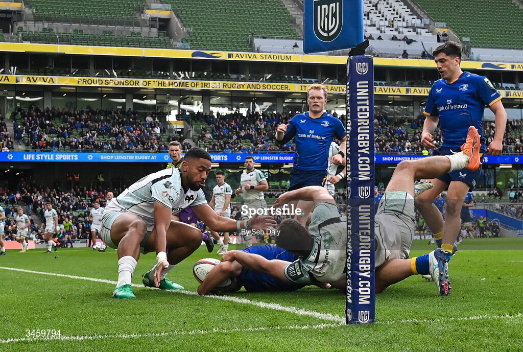 16 May 2026; James Lowe of Leinster scores his side's 10th try during the United Rugby Championship match between Leinster and Ospreys at the Aviva Stadium in Dublin. Photo by Seb Daly/Sportsfile