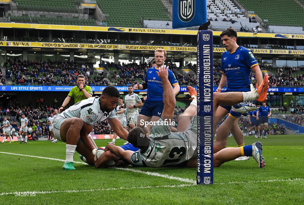 16 May 2026; James Lowe of Leinster scores his side's 10th try during the United Rugby Championship match between Leinster and Ospreys at the Aviva Stadium in Dublin. Photo by Seb Daly/Sportsfile