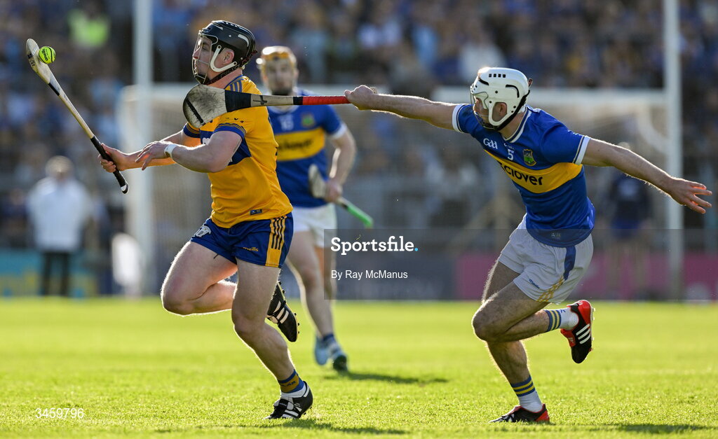 16 May 2026; Tony Kelly of Clare is tackled by Craig Morgan of Tipperary during the Munster GAA Senior Hurling Championship Round 4 match between Tipperary and Clare at FBD Semple Stadium in Thurles, Tipperary. Photo by Ray McManus/Sportsfile