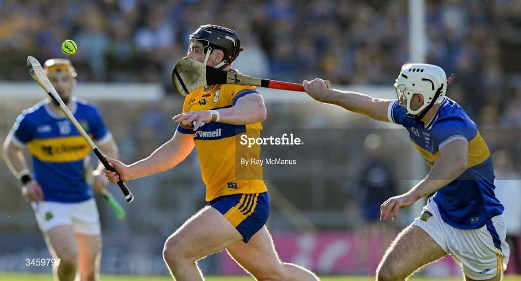 16 May 2026; Tony Kelly of Clare is tackled by Craig Morgan of Tipperary during the Munster GAA Senior Hurling Championship Round 4 match between Tipperary and Clare at FBD Semple Stadium in Thurles, Tipperary. Photo by Ray McManus/Sportsfile