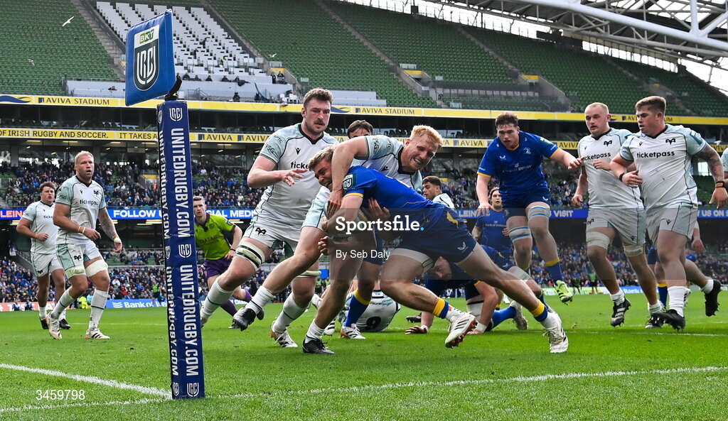 16 May 2026; Fintan Gunne of Leinster is tackled by Iestyn Hopkins of Ospreys during the United Rugby Championship match between Leinster and Ospreys at the Aviva Stadium in Dublin. Photo by Seb Daly/Sportsfile