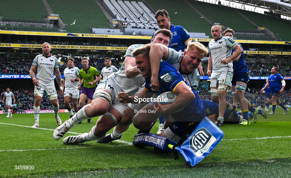 16 May 2026; Fintan Gunne of Leinster is tackled by Iestyn Hopkins of Ospreys during the United Rugby Championship match between Leinster and Ospreys at the Aviva Stadium in Dublin. Photo by Seb Daly/Sportsfile