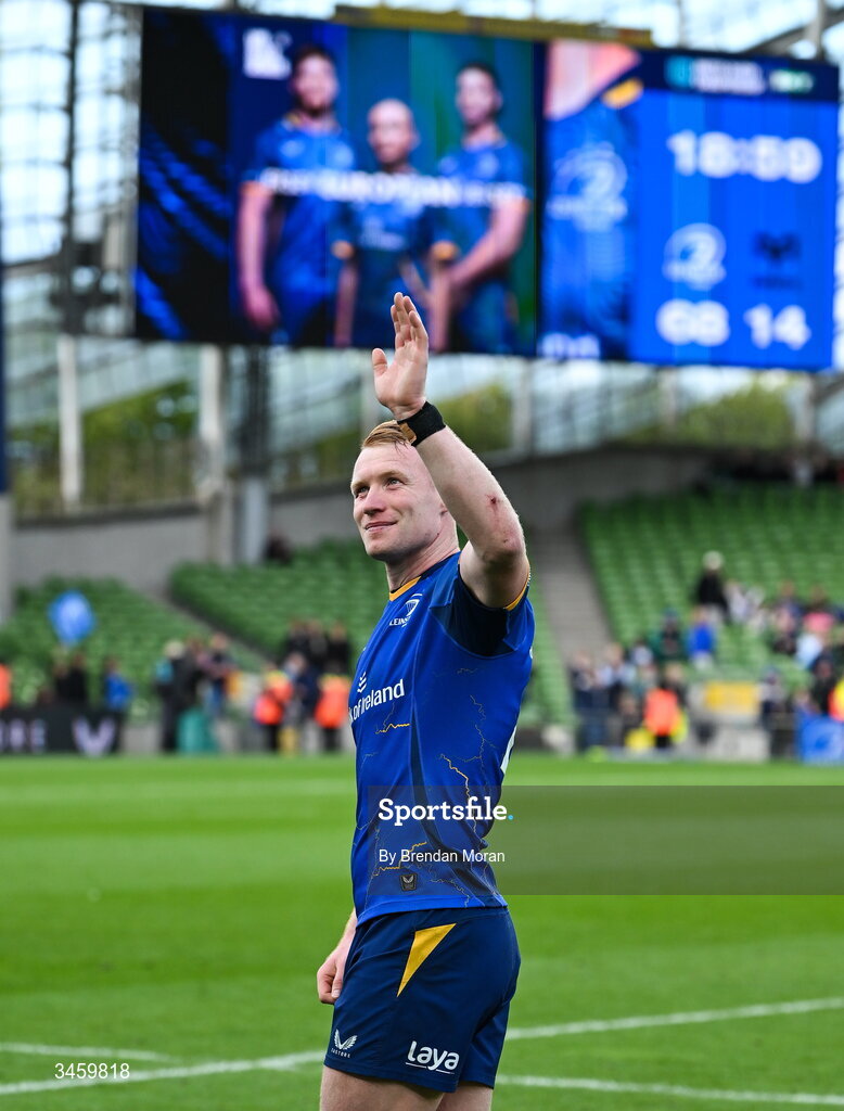 16 May 2026; Ciarán Frawley of Leinster waves to the crowd after the United Rugby Championship match between Leinster and Ospreys at the Aviva Stadium in Dublin. Photo by Brendan Moran/Sportsfile