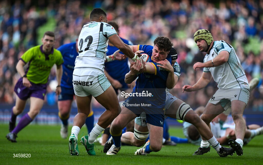 16 May 2026; Gus McCarthy of Leinster is tackled by Phil Cokanasiga of Ospreys during the United Rugby Championship match between Leinster and Ospreys at the Aviva Stadium in Dublin. Photo by Brendan Moran/Sportsfile