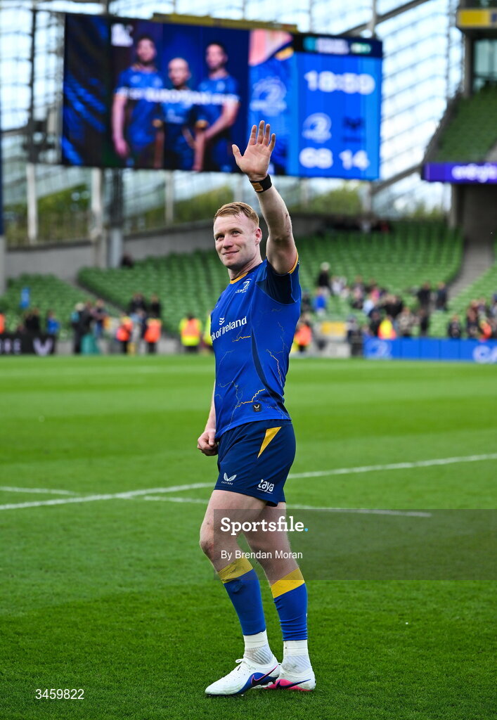 16 May 2026; Ciarán Frawley of Leinster waves to the crowd after the United Rugby Championship match between Leinster and Ospreys at the Aviva Stadium in Dublin. Photo by Brendan Moran/Sportsfile