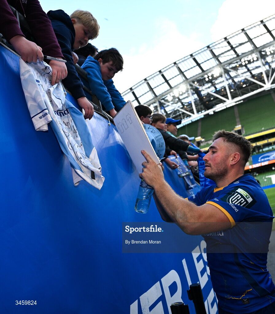 16 May 2026; Jordan Larmour of Leinster signs autographs for supporters after the United Rugby Championship match between Leinster and Ospreys at the Aviva Stadium in Dublin. Photo by Brendan Moran/Sportsfile