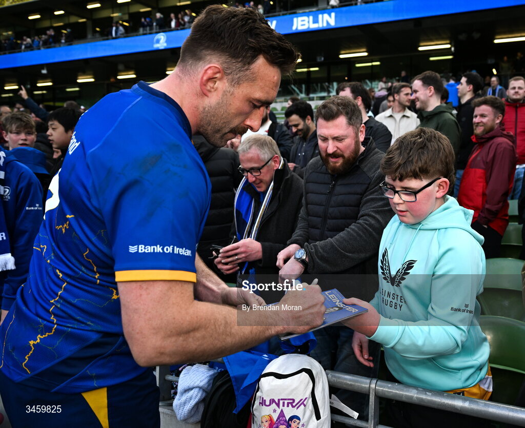 16 May 2026; Jack Conan of Leinster signs autographs for supporters after the United Rugby Championship match between Leinster and Ospreys at the Aviva Stadium in Dublin. Photo by Brendan Moran/Sportsfile