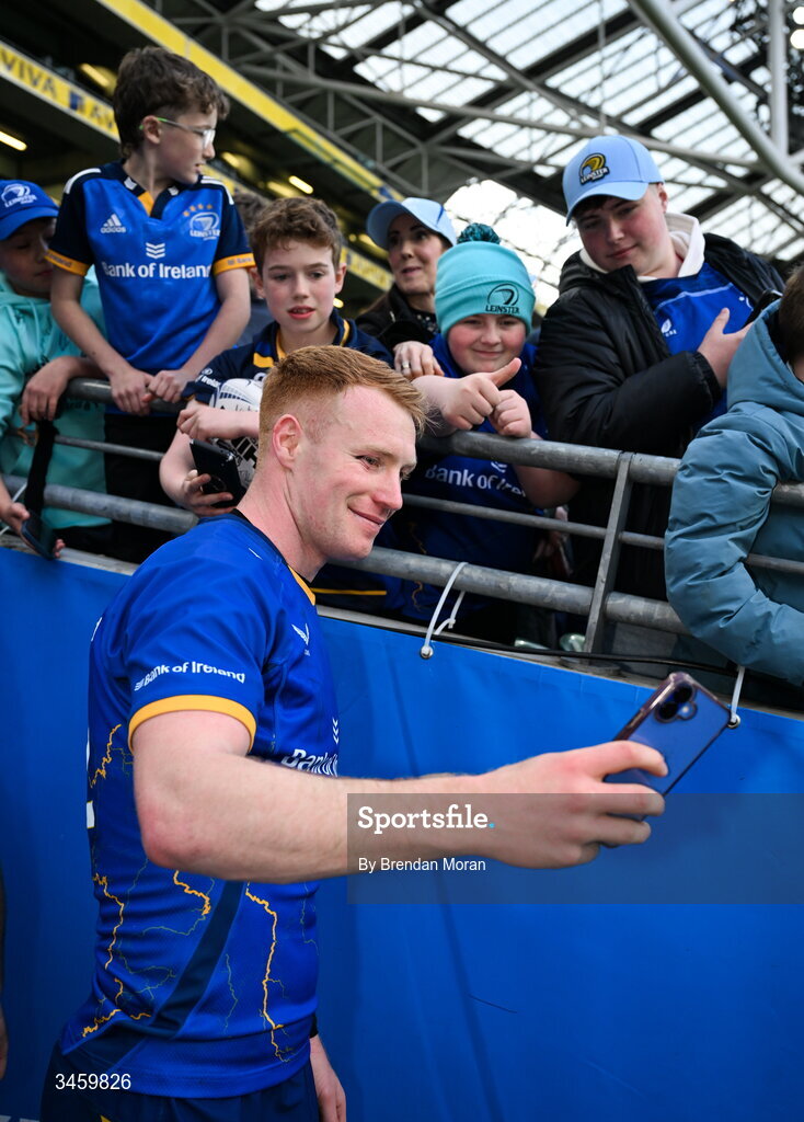 16 May 2026; Ciarán Frawley of Leinster takes a selfiie with supporters after the United Rugby Championship match between Leinster and Ospreys at the Aviva Stadium in Dublin. Photo by Brendan Moran/Sportsfile
