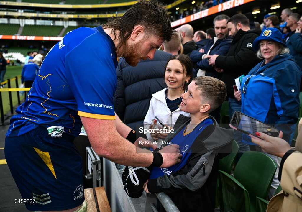 16 May 2026; Joe McCarthy of Leinster signs autographs for supporters after the United Rugby Championship match between Leinster and Ospreys at the Aviva Stadium in Dublin. Photo by Brendan Moran/Sportsfile