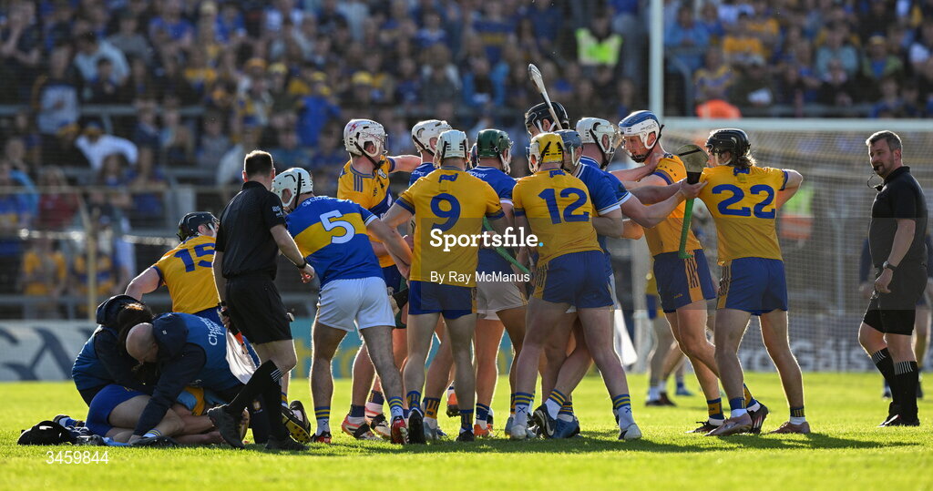 16 May 2026; Referee Thomas Walsh looks on as players jostle during the Munster GAA Senior Hurling Championship Round 4 match between Tipperary and Clare at FBD Semple Stadium in Thurles, Tipperary. Photo by Ray McManus/Sportsfile