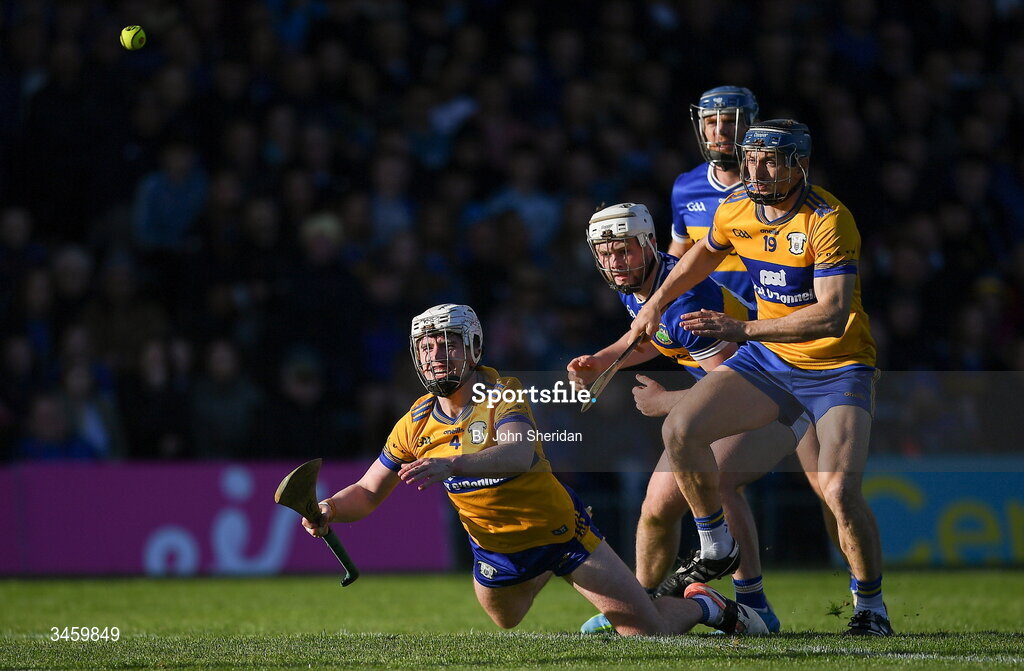 16 May 2026; Adam Hogan of Clare is put under pressure by Darragh McCarthy of Tipperary during the Munster GAA Senior Hurling Championship Round 4 match between Tipperary and Clare at FBD Semple Stadium in Thurles, Tipperary. Photo by John Sheridan/Sportsfile