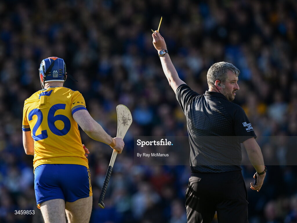 16 May 2026; Referee Thomas Walsh issues a yellow card to David Fitzgerald of Clare during the Munster GAA Senior Hurling Championship Round 4 match between Tipperary and Clare at FBD Semple Stadium in Thurles, Tipperary. Photo by Ray McManus/Sportsfile