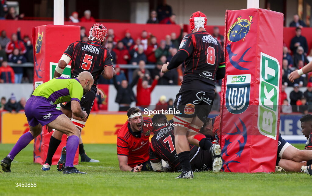 16 May 2026; Evan O'Connell of Munster, hidden, scores his sides first try during the United Rugby Championship match between Munster and Lions at Thomond Park in Limerick. Photo by Michael P Ryan/Sportsfile