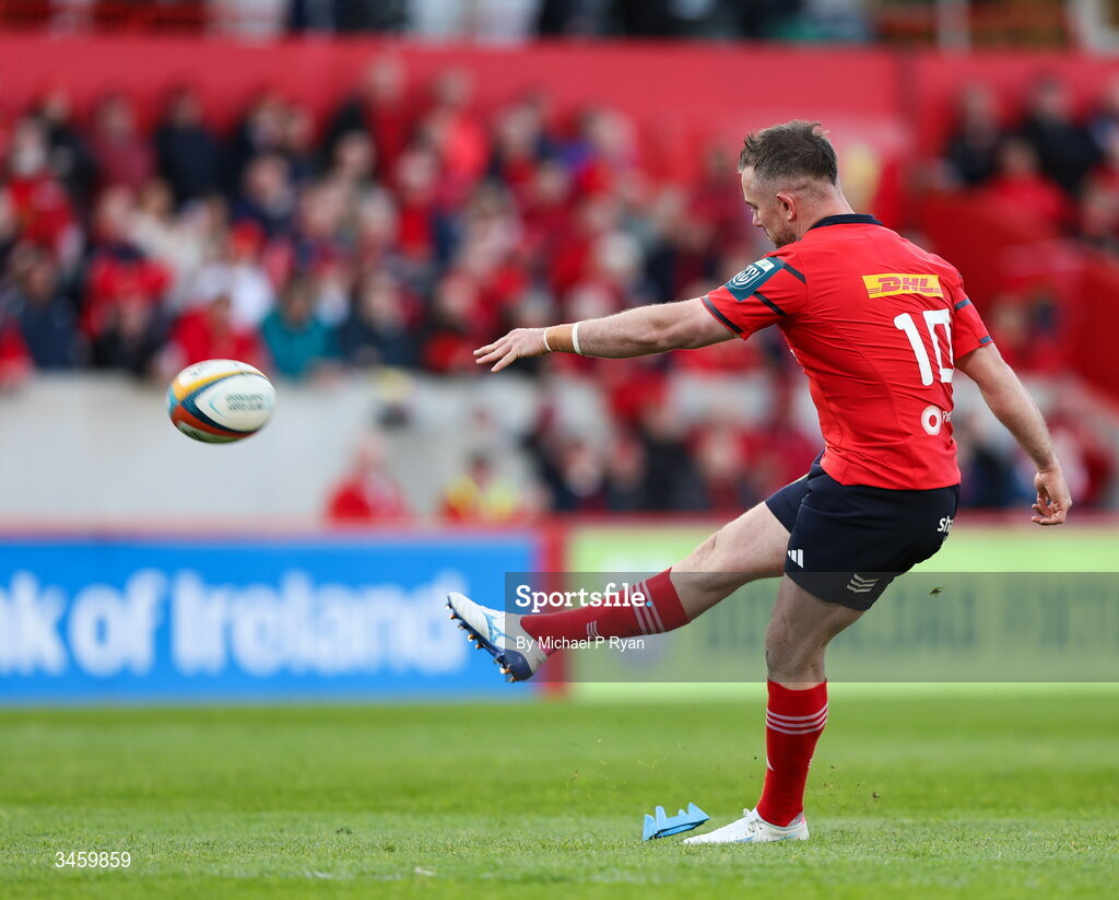 16 May 2026; JJ Hanrahan of Munster kicks a conversion during the United Rugby Championship match between Munster and Lions at Thomond Park in Limerick. Photo by Michael P Ryan/Sportsfile