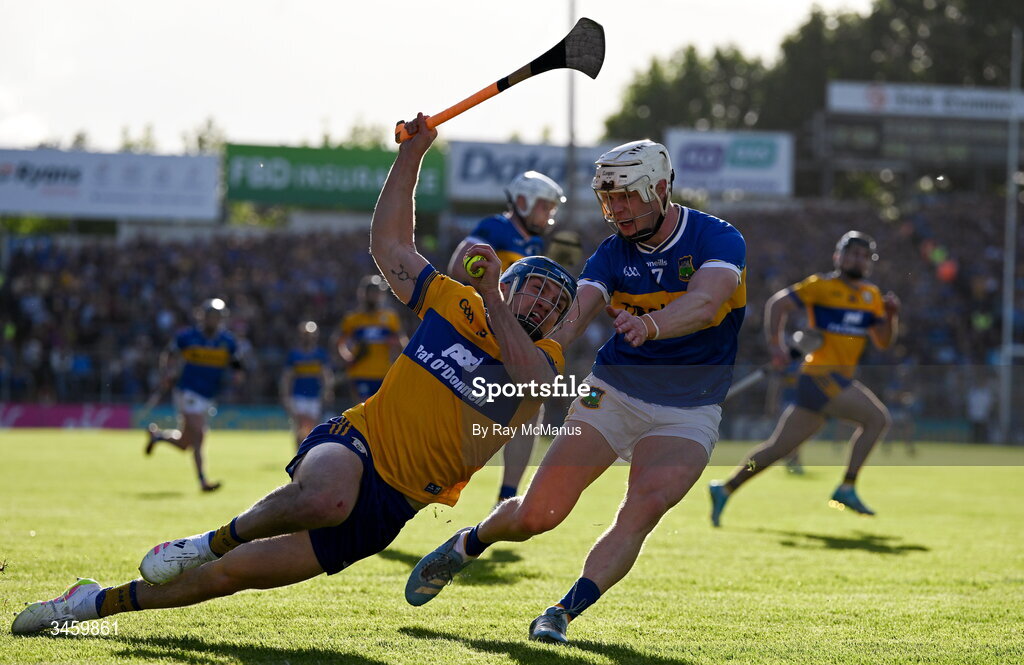 16 May 2026; Shane O'Donnell of Clare is tackled by Bryan O'Mara of Tipperary during the Munster GAA Senior Hurling Championship Round 4 match between Tipperary and Clare at FBD Semple Stadium in Thurles, Tipperary. Photo by Ray McManus/Sportsfile