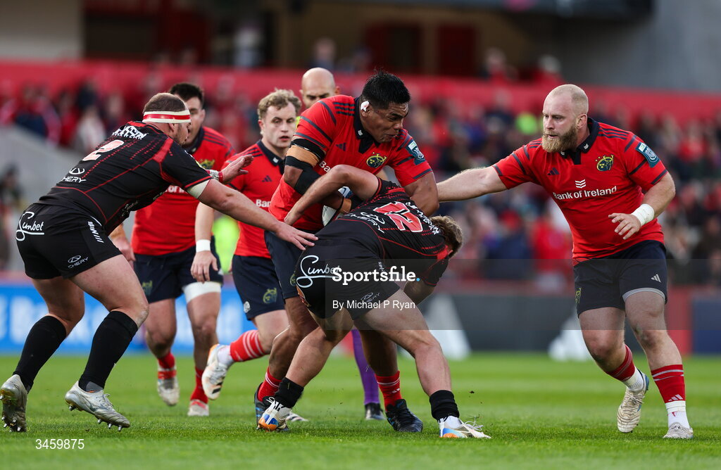 16 May 2026; Michael Ala'alatoa of Munster is tackled by Richard Kriel of Lions during the United Rugby Championship match between Munster and Lions at Thomond Park in Limerick. Photo by Michael P Ryan/Sportsfile