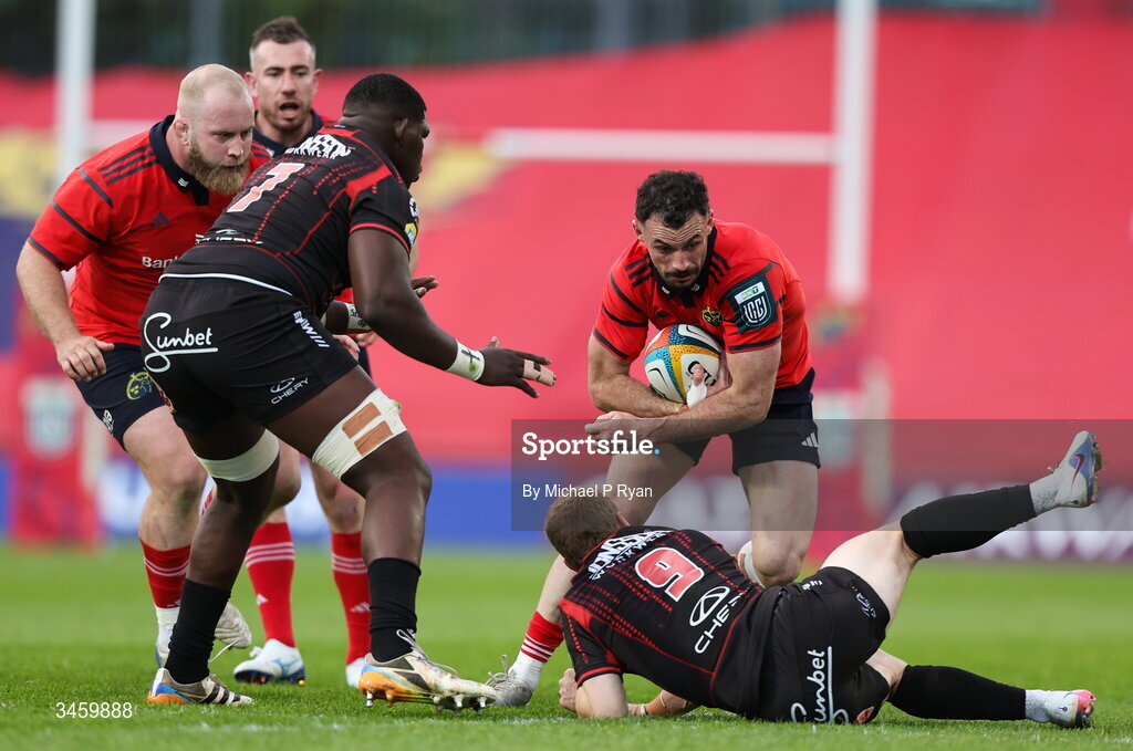 16 May 2026; Andrew Smith of Munster is tackled by Morne van den Berg of Lions during the United Rugby Championship match between Munster and Lions at Thomond Park in Limerick. Photo by Michael P Ryan/Sportsfile