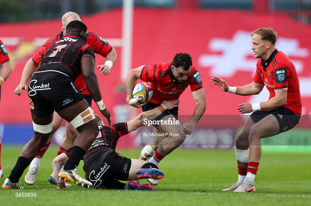 16 May 2026; Andrew Smith of Munster is tackled by Morne van den Berg of Lions during the United Rugby Championship match between Munster and Lions at Thomond Park in Limerick. Photo by Michael P Ryan/Sportsfile