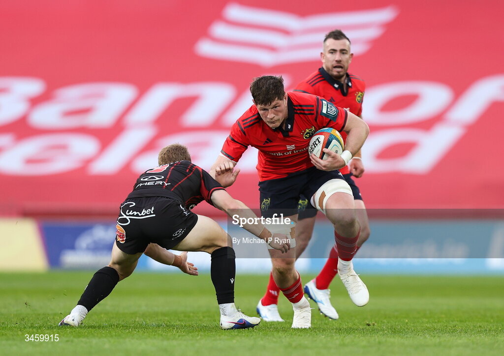 16 May 2026; Jack O'Donoghue of Munster is tackled by Morne van den Berg of Lions during the United Rugby Championship match between Munster and Lions at Thomond Park in Limerick. Photo by Michael P Ryan/Sportsfile