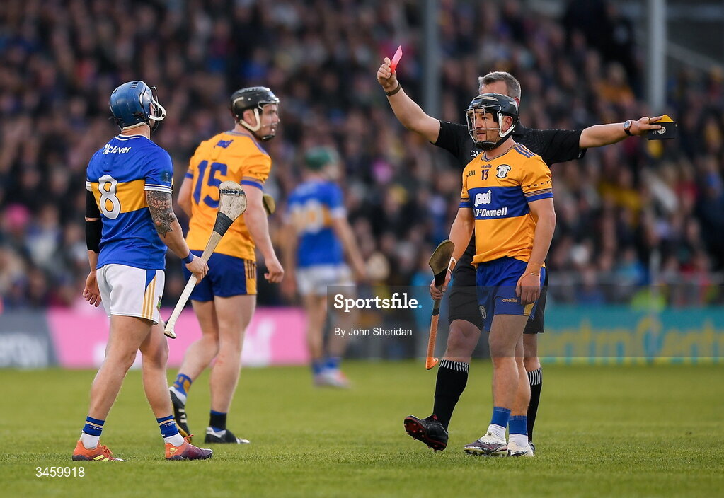 16 May 2026;Willie Connors of Tipperary is shown a red card following his second yellow from referee Thomas Walsh during the Munster GAA Senior Hurling Championship Round 4 match between Tipperary and Clare at FBD Semple Stadium in Thurles, Tipperary. Photo by John Sheridan/Sportsfile