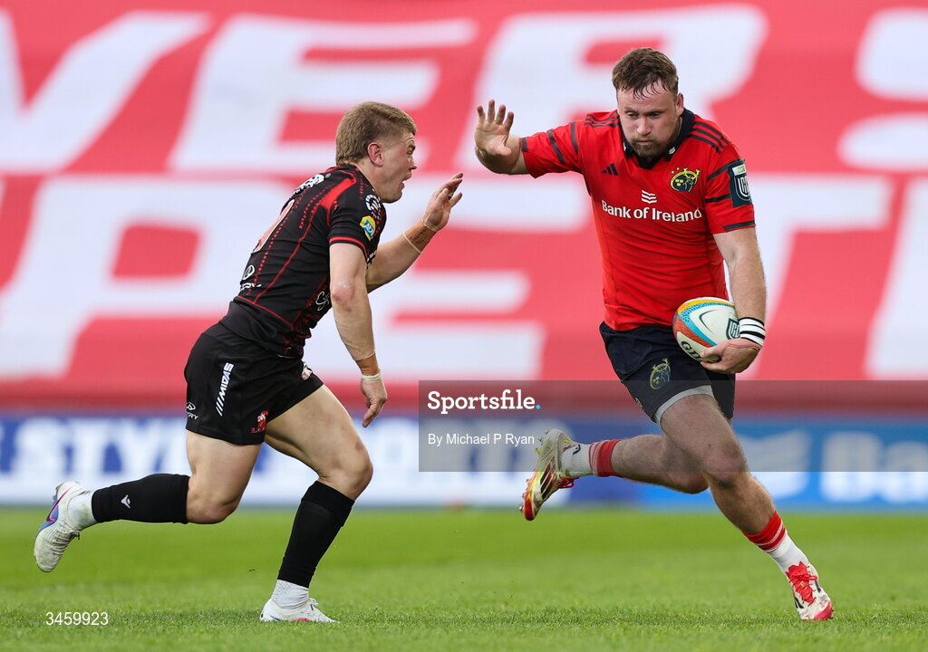 16 May 2026; Sean O'Brien of Munster is tackled by Morne van den Berg of Lions during the United Rugby Championship match between Munster and Lions at Thomond Park in Limerick. Photo by Michael P Ryan/Sportsfile