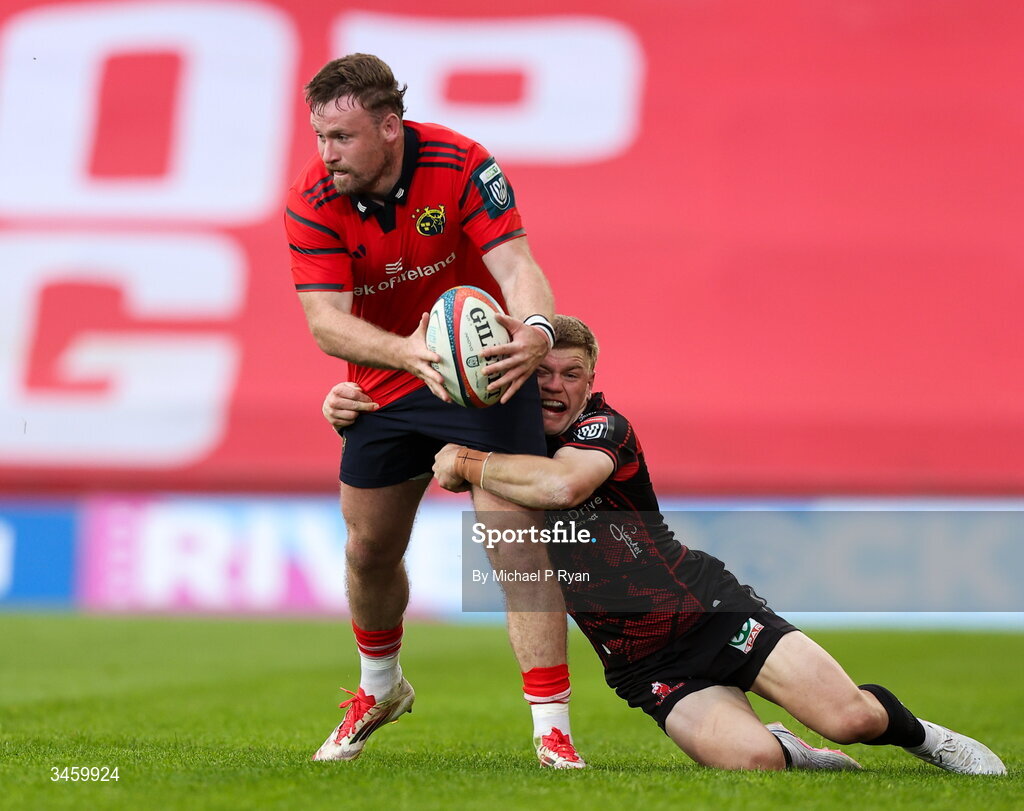16 May 2026; Sean O'Brien of Munster is tackled by Morne van den Berg of Lions during the United Rugby Championship match between Munster and Lions at Thomond Park in Limerick. Photo by Michael P Ryan/Sportsfile
