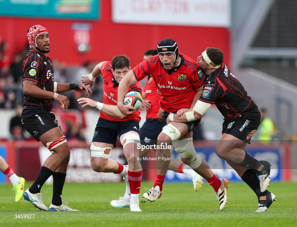16 May 2026; Brian Gleeson of Munster is tackled by SJ Kotze of Lions during the United Rugby Championship match between Munster and Lions at Thomond Park in Limerick. Photo by Michael P Ryan/Sportsfile