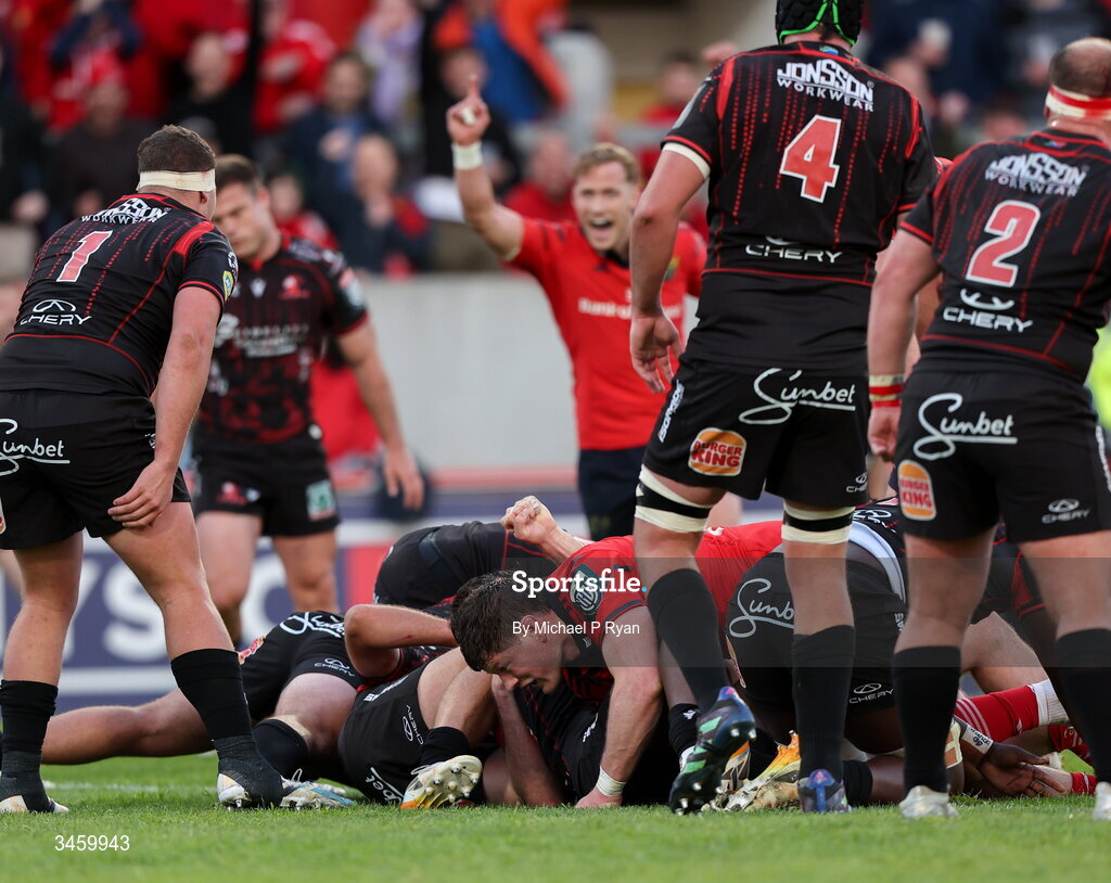 16 May 2026; Craig Casey of Munster, hidden, scores his sides second try during the United Rugby Championship match between Munster and Lions at Thomond Park in Limerick. Photo by Michael P Ryan/Sportsfile