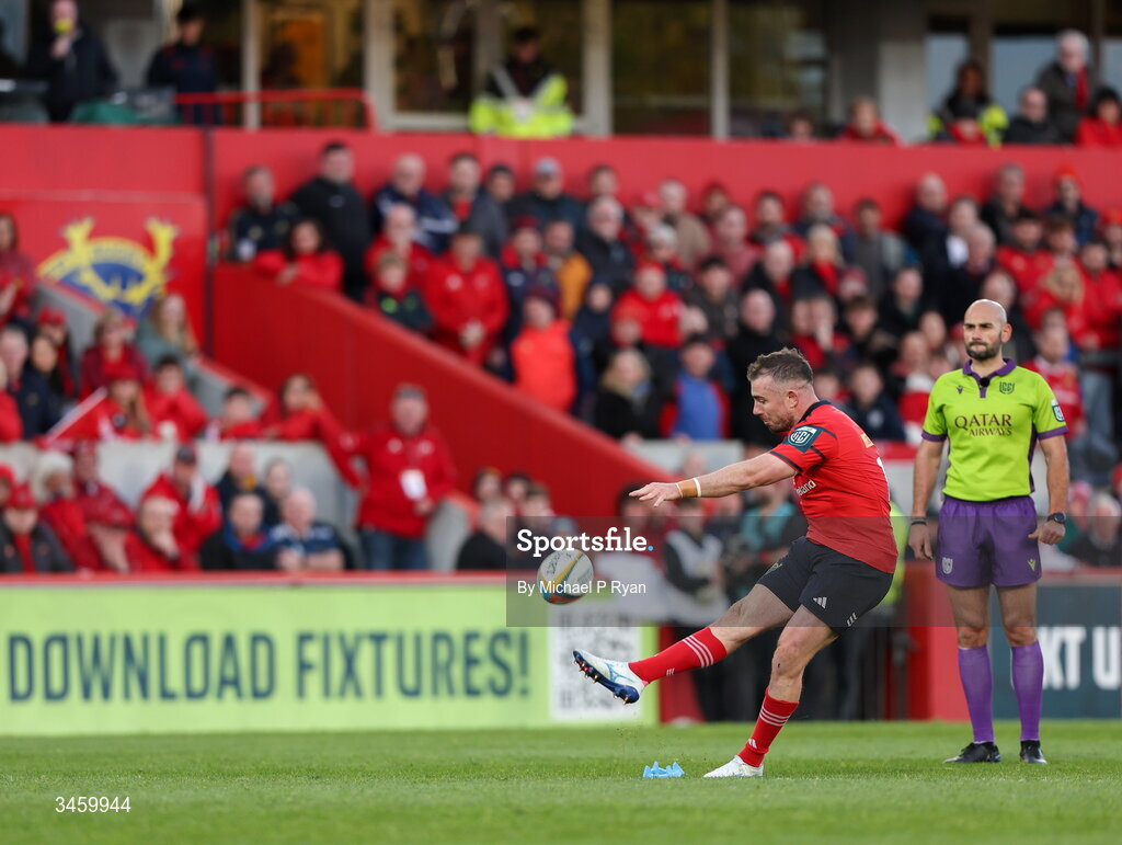 16 May 2026; JJ Hanrahan of Munster kicks a conversion during the United Rugby Championship match between Munster and Lions at Thomond Park in Limerick. Photo by Michael P Ryan/Sportsfile