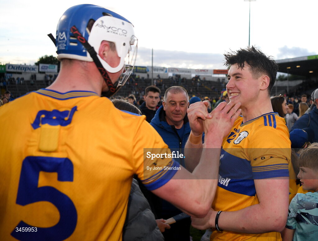 16 May 2026; Clare players, from left, Diarmuid Ryan and Sean Rynne celebrate after the Munster GAA Senior Hurling Championship Round 4 match between Tipperary and Clare at FBD Semple Stadium in Thurles, Tipperary. Photo by John Sheridan/Sportsfile