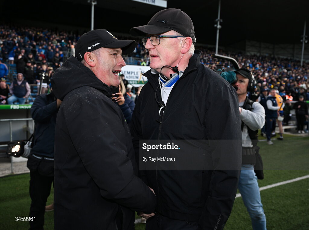 16 May 2026; The two managers, Tipperary manager Liam Cahill and Clare manager Brian Lohan after the Munster GAA Senior Hurling Championship Round 4 match between Tipperary and Clare at FBD Semple Stadium in Thurles, Tipperary. Photo by Ray McManus/Sportsfile