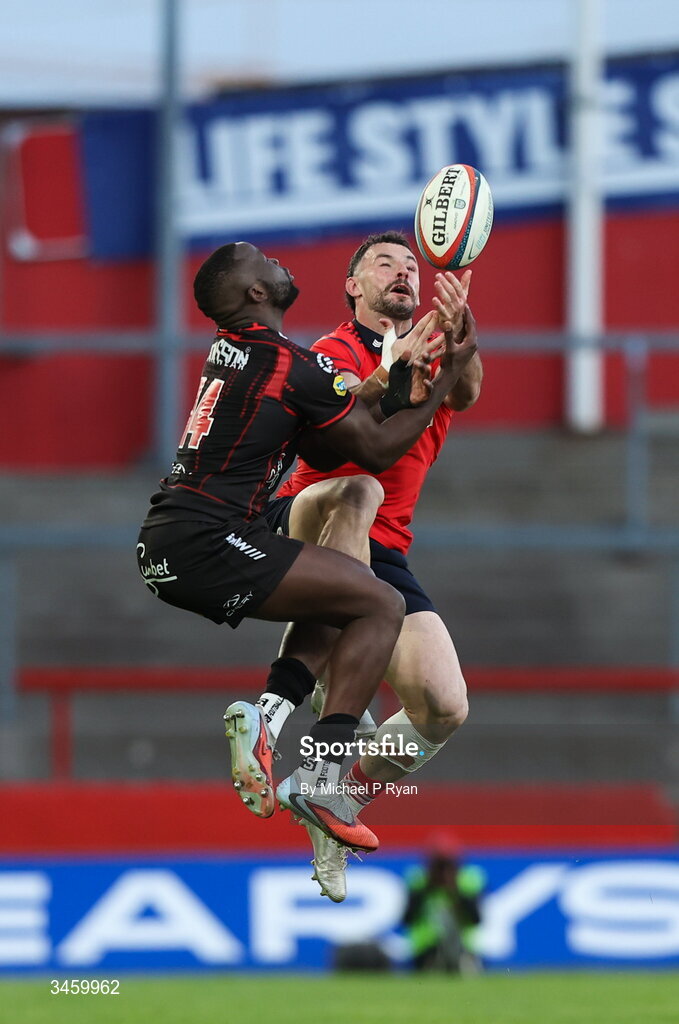 16 May 2026; Andrew Smith of Munster in action against Kelly Mpeku of Lions during the United Rugby Championship match between Munster and Lions at Thomond Park in Limerick. Photo by Michael P Ryan/Sportsfile