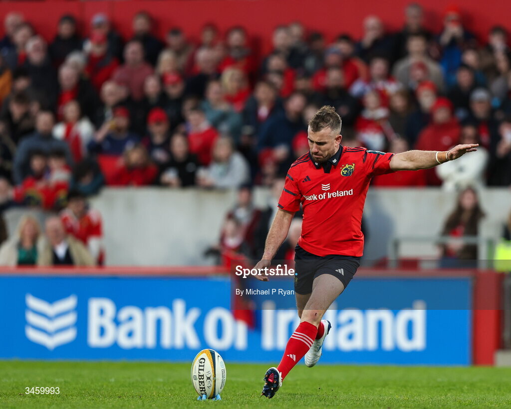 16 May 2026; JJ Hanrahan of Munster kicks a conversion during the United Rugby Championship match between Munster and Lions at Thomond Park in Limerick. Photo by Michael P Ryan/Sportsfile