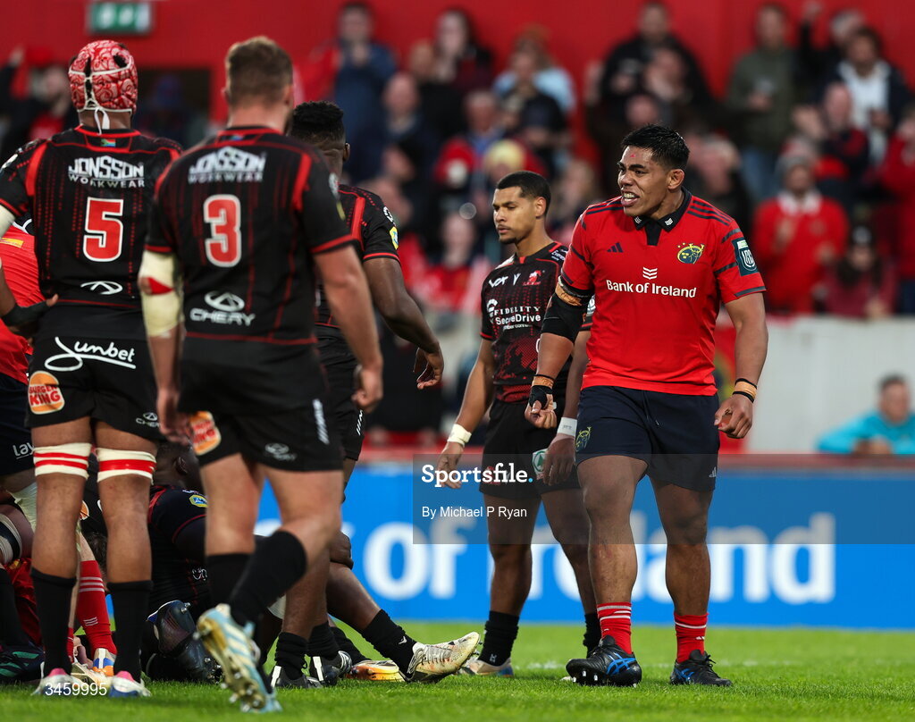 16 May 2026; Michael Ala'alatoa of Munster celebrates his sides third try scored by teammate Tom Ahern, not pictured during the United Rugby Championship match between Munster and Lions at Thomond Park in Limerick. Photo by Michael P Ryan/Sportsfile