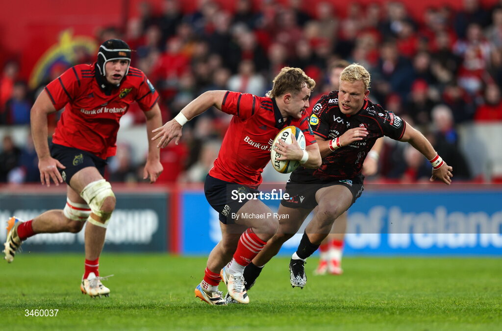 16 May 2026; Craig Casey of Munster makes a break during the United Rugby Championship match between Munster and Lions at Thomond Park in Limerick. Photo by Michael P Ryan/Sportsfile