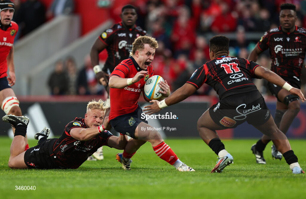 16 May 2026; Craig Casey of Munster is tackled by JC Pretorius of Lions during the United Rugby Championship match between Munster and Lions at Thomond Park in Limerick. Photo by Michael P Ryan/Sportsfile