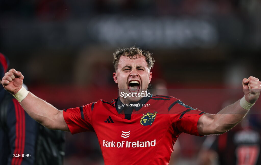 16 May 2026; Craig Casey of Munster celebrates after the United Rugby Championship match between Munster and Lions at Thomond Park in Limerick. Photo by Michael P Ryan/Sportsfile