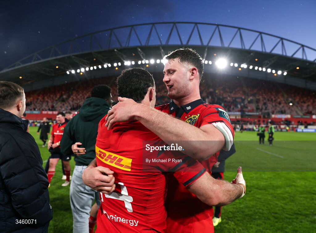 16 May 2026; Munster players Andrew Smith, and Evan O'Connell after the United Rugby Championship match between Munster and Lions at Thomond Park in Limerick. Photo by Michael P Ryan/Sportsfile