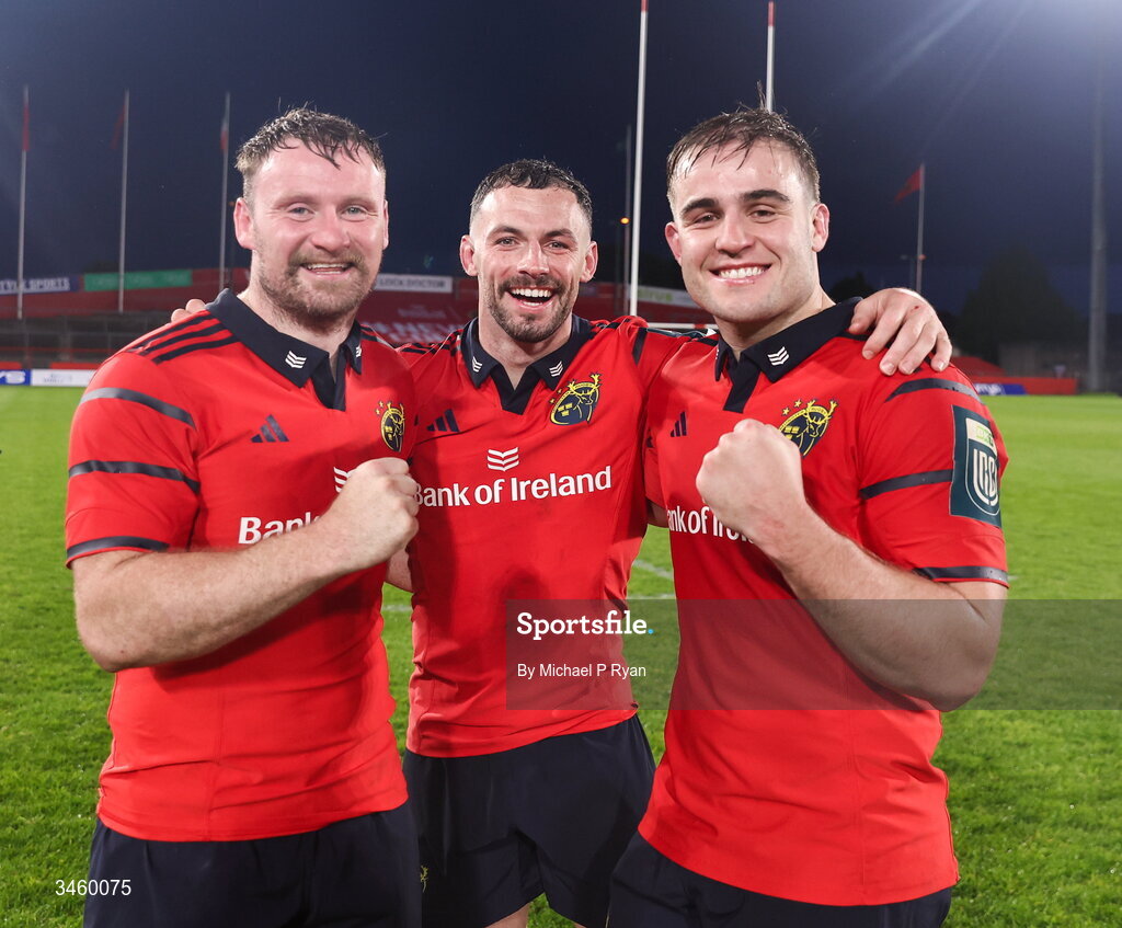 16 May 2026; Munster players, from left, Sean O'Brien, Andrew Smith, and Alex Kendellen after the United Rugby Championship match between Munster and Lions at Thomond Park in Limerick. Photo by Michael P Ryan/Sportsfile
