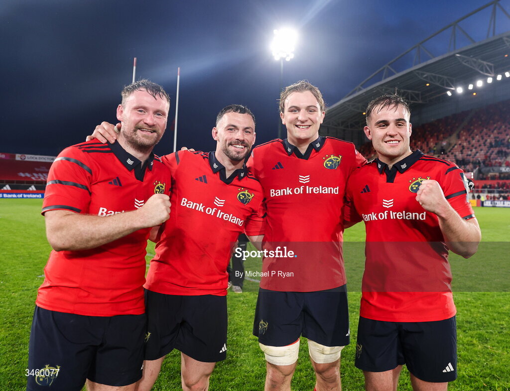 16 May 2026; Munster players, from left, Sean O'Brien, Andrew Smith, Gavin Coombes, and Alex Kendellen  the United Rugby Championship match between Munster and Lions at Thomond Park in Limerick. Photo by Michael P Ryan/Sportsfile