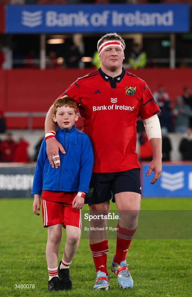 16 May 2026; John Ryan of Munster with his son after the United Rugby Championship match between Munster and Lions at Thomond Park in Limerick. Photo by Michael P Ryan/Sportsfile
