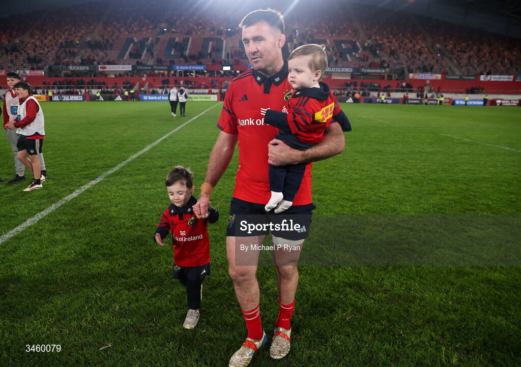 16 May 2026; Niall Scannell of Munster with his children after the United Rugby Championship match between Munster and Lions at Thomond Park in Limerick. Photo by Michael P Ryan/Sportsfile
