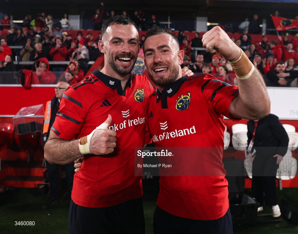 16 May 2026; Munster players, from left, Andrew Smith and JJ Hanrahan after the United Rugby Championship match between Munster and Lions at Thomond Park in Limerick. Photo by Michael P Ryan/Sportsfile